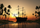 Poster Segelschiff im Sonnenuntergang am Inselstrand mit Palmen