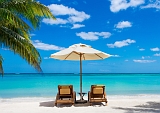 Palmenstrand mit blauem Wasser weißem Sand Sonnenschirm